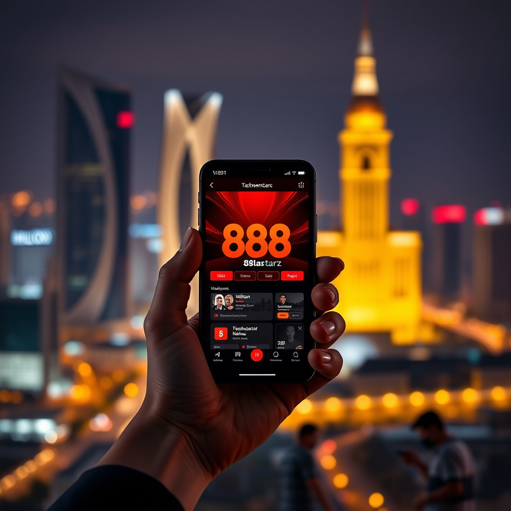 A hand holding a luxury smartphone displaying the official 888starz Uzbekistan app with a sleek red and black interface, background is the Tashkent City skyline with the Hilton and Nest One towers at night, vibrant golden and red bokeh lights, 3D golden c